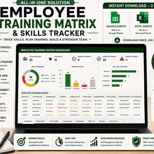 May include: A digital employee training matrix and skills tracker displayed on a laptop screen. The dashboard features data visualizations, including a donut chart and bar graphs, alongside a detailed employee skills table with status indicators.