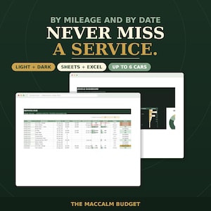 Pode incluir: Uma planilha digital de manutenção de veículos exibida em duas telas. O texto diz BY MILEAGE AND BY DATE NEVER MISS A SERVICE, LIGHT + DARK, SHEETS + EXCEL, UP TO 6 CARS e THE MACCALM BUDGET. A interface mostra as datas de serviço pendentes.