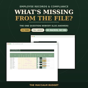 May include: A digital spreadsheet template for employee records and compliance titled WHAT'S MISSING FROM THE FILE? featuring 11 tabs, a file audit section, and no macros or VBA. The interface displays a table with columns for status and completion.