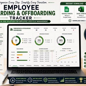 May include: A digital employee onboarding and offboarding tracker displayed on a laptop screen. The dashboard features progress charts, task lists, and status overviews. The interface includes text labels for onboarding, offboarding, and task management.