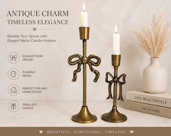 Gold Bow Candle Holders Set | Vintage Metal Taper Candlesticks | Decorative Home Decor