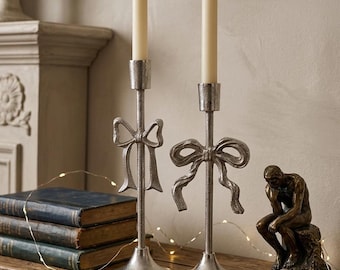 Silver Bow Candlestick Holder, Coquette Metal Taper Candle Stand (Pair)