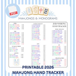 May include: A printable 2026 Mahjong hand tracker card featuring a light blue striped background, a PDF icon, and four Mahjong tiles at the top. The card lists various hand combinations, point values, and categories like 2026, 2468, and Quints.