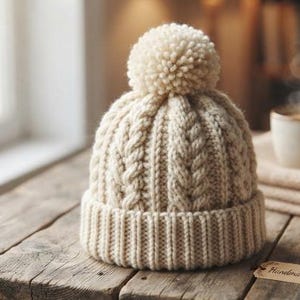 May include: A cream-coloured knit beanie featuring a thick cable-knit pattern, a ribbed cuff, and a large matching pom-pom on top. The hat is crafted with a textured yarn finish and displays a small rectangular tag labelled Handmade near the base.