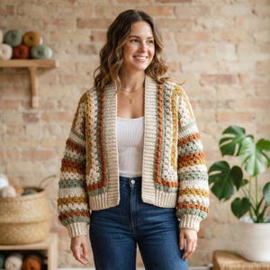 Crochet Cardigan Pattern, Retro Hexagon Sweater PDF, Boho Oversized Coat Tutorial, Unique Color Block Outerwear Digital Download