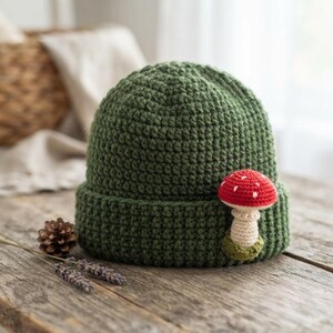 May include: A forest green crocheted beanie featuring a cuffed brim and a small, three-dimensional crocheted mushroom appliqué attached to the side. The mushroom has a red cap with white spots and a cream-colored stem with a green base.
