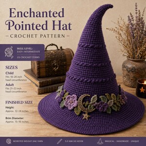Modèle de chapeau de sorcière pointu au crochet, patron PDF facile/intermédiaire, chapeau fantaisie à large bord, tailles adulte et enfant