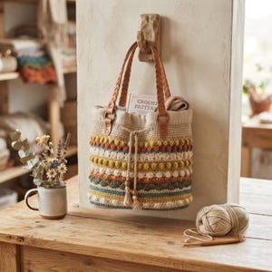 May include: A crochet tote bag featuring horizontal stripes in cream, mustard yellow, terracotta, and sage green with a textured bobble stitch pattern. The bag has braided tan leather handles, a drawstring closure with tassels, and a book titled CROCHET PATTERN inside.