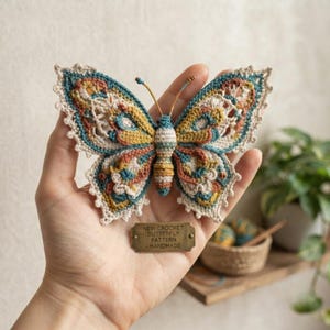 Puede incluir: Una mariposa de ganchillo con patrones intrincados en azul cerceta, amarillo mostaza y naranja terracota con bordes color crema. Se adjunta una pequeña placa metálica rectangular con el texto: NEW CROCHET BUTTERFLY PATTERN - HANDMADE.