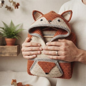 May include: A hooded crochet pullover featuring a fox design in rust orange and cream colors. The hood includes pointed ears and a fox face, while the front displays a triangular pocket. The garment is crafted with a textured stitch pattern.