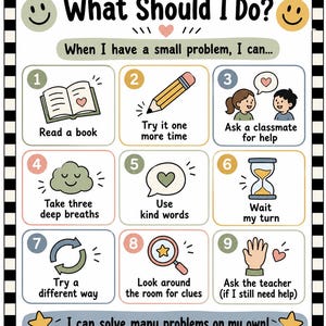 May include: An educational poster titled What Should I Do? When I have a small problem, I can... featuring nine numbered steps with illustrations including a book, pencil, classmates, cloud, speech bubble, hourglass, arrows, magnifying glass, and hand.