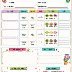 May include: A colorful IEP goal tracker printable sheet featuring a black and white checkered border, smiley faces, and flowers. The document includes sections for student information, goal tracking with progress emojis, a proud of section, and support team details.