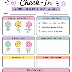 Puede incluir: Una hoja de registro de comportamiento diario con secciones para nombre, fecha y objetivos. Incluye rastreadores de estado de ánimo con emojis, casillas de verificación para tareas y espacios en blanco para notas y reflexiones personales.