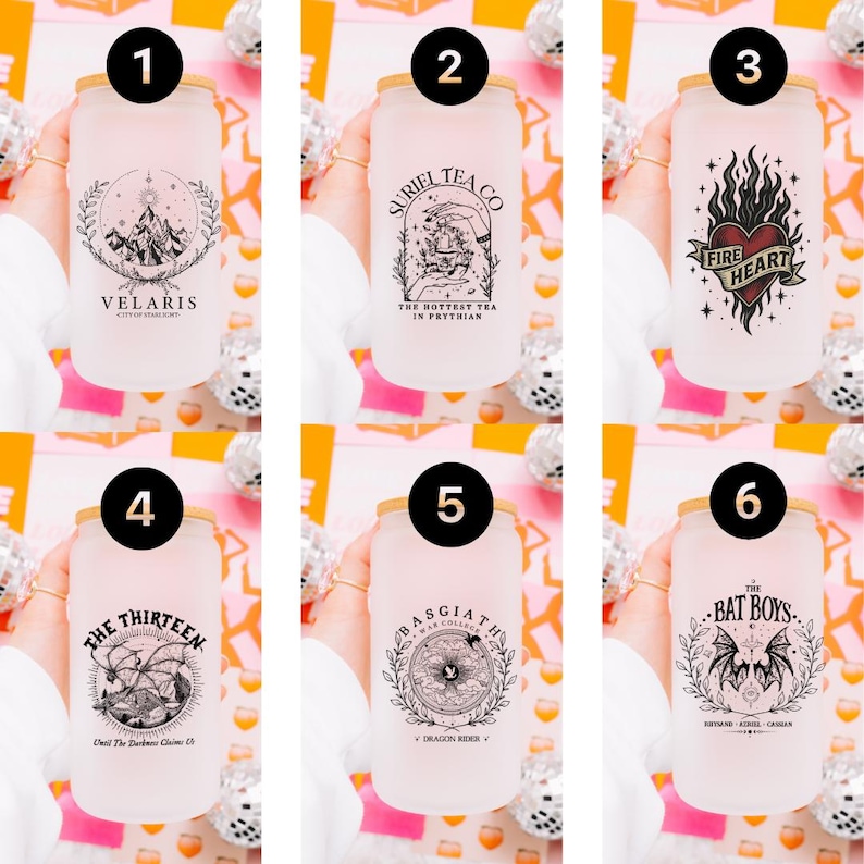 May include: Six frosted glass tumblers with bamboo lids, each featuring unique black ink illustrations and text: Velaris, Suriel Tea Co, Fire Heart, The Thirteen, Basgiath War College, and The Bat Boys, arranged in a numbered grid layout.