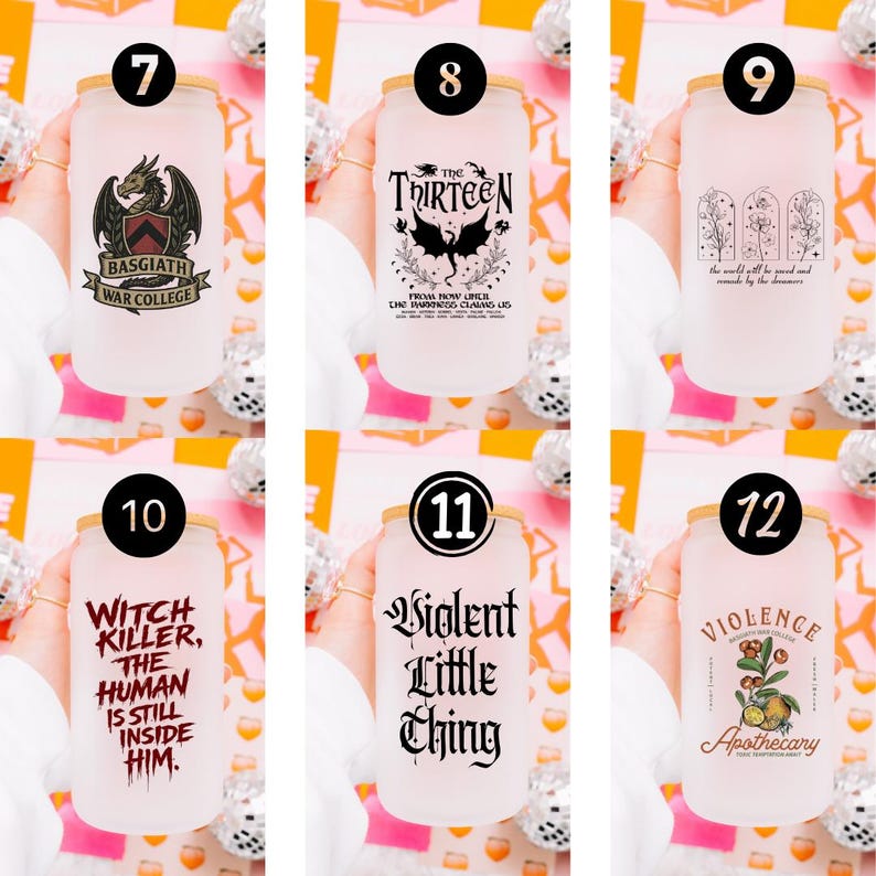May include: Six frosted glass tumblers with bamboo lids, each featuring unique black or red graphic designs. Designs include a dragon crest, fantasy text, floral arches, and bold typography with phrases like Witch Killer and Violence Apothecary.