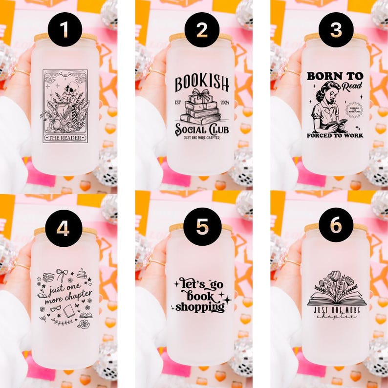 May include: Six frosted glass tumblers with bamboo lids, each featuring unique black ink illustrations and text related to reading, including designs like a skull tarot card, book stacks, and phrases such as 'Born to Read' and 'Just one more chapter'.