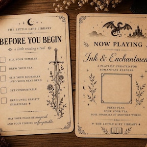 May include: Two rectangular cards with a vintage beige finish and black ink illustrations. The left card features a reading ritual checklist with a sword and rose design. The right card displays a playlist title, Ink & Enchantment, with a dragon and castle graphic. Both cards include decorative borders and text.