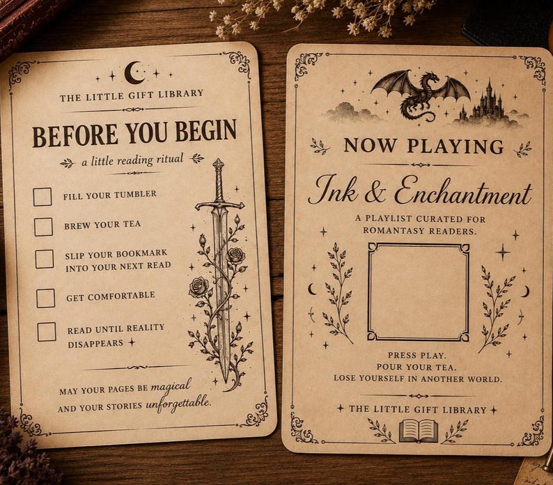 May include: Two rectangular cards with a vintage beige finish and black ink illustrations. The left card features a reading ritual checklist with a sword and rose design. The right card displays a playlist title, Ink & Enchantment, with a dragon and castle graphic. Both cards include decorative borders and text.