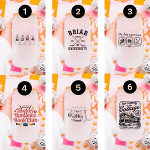 May include: Six frosted glass tumblers with bamboo lids, each featuring unique black or red hockey-themed graphics including team jerseys, university logos, sports equipment, book club text, and a cottage illustration with the text I'm Coming to the Cottage.