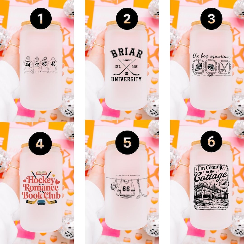 May include: Six frosted glass tumblers with bamboo lids, each featuring unique black or red hockey-themed graphics including team jerseys, university logos, sports equipment, book club text, and a cottage illustration with the text I'm Coming to the Cottage.