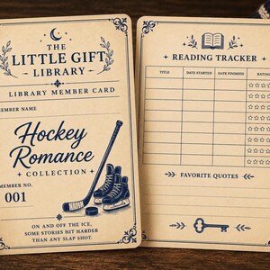 May include: Two rectangular cards with a vintage beige background and dark blue ink. The left card is a library member card titled The Little Gift Library, featuring a hockey stick, skates, and the text Hockey Romance Collection. The right card is a reading tracker with columns for title, dates, and star ratings.
