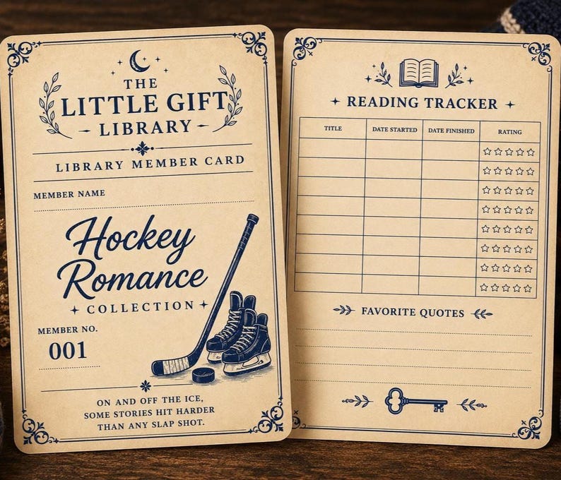 May include: Two rectangular cards with a vintage beige background and dark blue ink. The left card is a library member card titled The Little Gift Library, featuring a hockey stick, skates, and the text Hockey Romance Collection. The right card is a reading tracker with columns for title, dates, and star ratings.