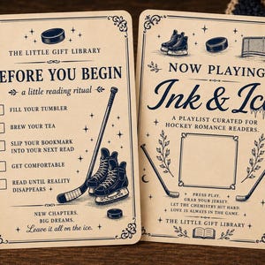 May include: Two rectangular cards with cream backgrounds and dark blue ink illustrations. The left card lists a reading ritual with checkboxes and hockey graphics. The right card features the text Ink & Ice, a playlist for hockey romance readers, and hockey-themed icons including skates, a puck, a net, and sticks.