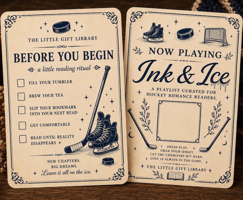 May include: Two rectangular cards with cream backgrounds and dark blue ink illustrations. The left card lists a reading ritual with checkboxes and hockey graphics. The right card features the text Ink & Ice, a playlist for hockey romance readers, and hockey-themed icons including skates, a puck, a net, and sticks.