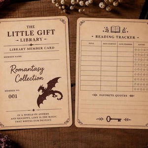 May include: Two rectangular beige paper cards with dark brown text and illustrations. The left card is a library member card featuring a dragon graphic and the text Romantasy Collection. The right card is a reading tracker with columns for title, date, and star ratings.
