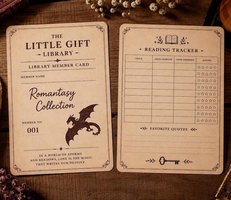 May include: Two rectangular beige paper cards with dark brown text and illustrations. The left card is a library member card featuring a dragon graphic and the text Romantasy Collection. The right card is a reading tracker with columns for title, date, and star ratings.