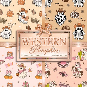 Può includere: Una collezione di carta digitale con motivi continui di fantasmi con cappelli da cowboy, zucche, cactus e stampe muccate. Il testo recita Western Pumpkin, 12x12, 300 DPI e 4000 PX PNG'S. La tavolozza dei colori include tonalità beige, rosa e marrone.