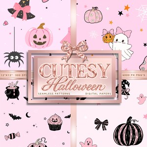 May include: A digital paper set featuring a light pink background with Halloween icons including black witch hats, pink and black pumpkins, ghosts, spiders, bats, and candy. A central rose gold frame displays the text CUTESY Halloween.