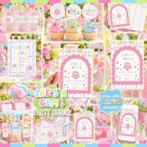 Paquete de invitaciones de cumpleaños con temática de piedras preciosas, paquete de fiesta "Ella es una gema", joyas coloridas y brillantes, decoración de cumpleaños para niñas (descarga instantánea en Canva)
