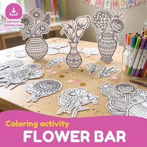 Puede incluir: Una colección de recortes de papel en blanco y negro con varios arreglos florales en jarrones y tallos de flores individuales para colorear. Un frasco de vidrio lleno de marcadores de colores se encuentra a la derecha, y el texto dice Coloring activity FLOWER BAR.