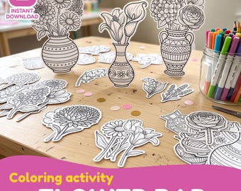 May include: A collection of black and white paper cutouts featuring various floral arrangements in vases and individual flower stems for coloring. A glass jar filled with colorful markers sits to the right, and the text reads Coloring activity FLOWER BAR.