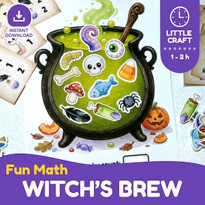 Può includere: Una scheda di attività matematica stampabile che mostra un grande calderone nero pieno di liquido verde e vari elementi illustrati tra cui un teschio, un bulbo oculare, un ragno, un fungo, un pesce, un osso, una piuma e caramelle di mais.