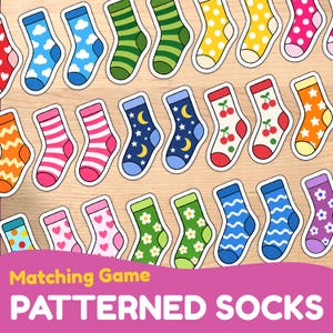 May include: A collection of colourful sock stickers featuring various patterns including clouds, stripes, polka dots, stars, moons, cherries, hearts, flowers, and waves. The text at the bottom reads Matching Game PATTERNED SOCKS.