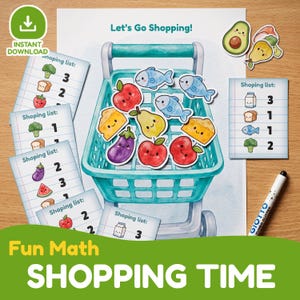 Puede incluir: Una hoja de actividades matemáticas imprimible titulada Let's Go Shopping con una ilustración de un carrito de compras turquesa lleno de pegatinas de comida, incluyendo manzanas, pescado, queso y berenjena, junto a listas y un marcador.