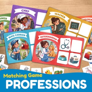 Puede incluir: Un juego de asociación titulado PROFESSIONS que incluye tarjetas coloridas con ilustraciones de varios oficios como chef, maestro, cartero y veterinario. Cada tarjeta muestra a un personaje en su entorno laboral y casillas vacías para fichas.