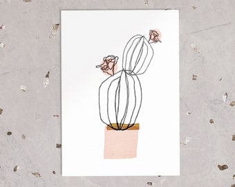 Barrel cactus pot letterpress print art
