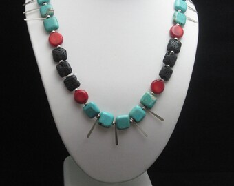 SALE Turquoise and Lava Squares with Sterling Paddles and Coral Rounds