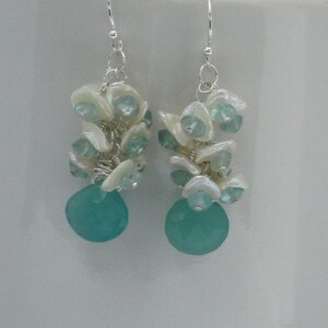 Ocean Blue Chalcedony / Apatite and Fresh Water Pearls Earrings