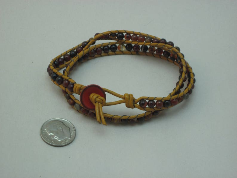 Red Agate and Marigold Greek Leather 2 Wrap Bracelet image 4