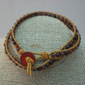 Red Agate and Marigold Greek Leather 2 Wrap Bracelet image 2