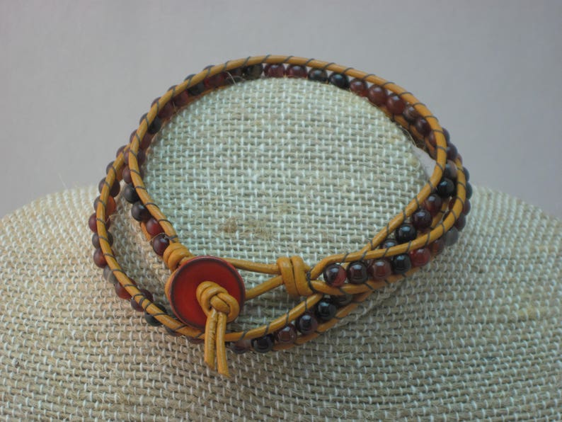 Red Agate and Marigold Greek Leather 2 Wrap Bracelet image 2