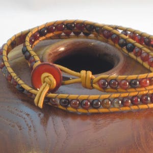 Red Agate and Marigold Greek Leather 2 Wrap Bracelet image 1