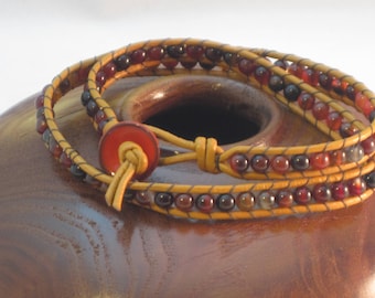 Red Agate and Marigold Greek Leather 2 Wrap Bracelet