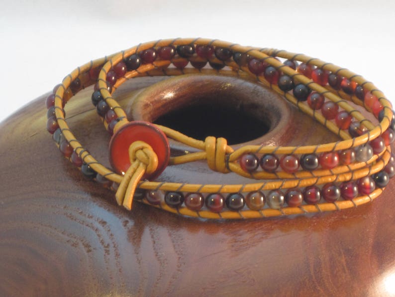 Red Agate and Marigold Greek Leather 2 Wrap Bracelet image 1