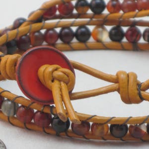Red Agate and Marigold Greek Leather 2 Wrap Bracelet image 6