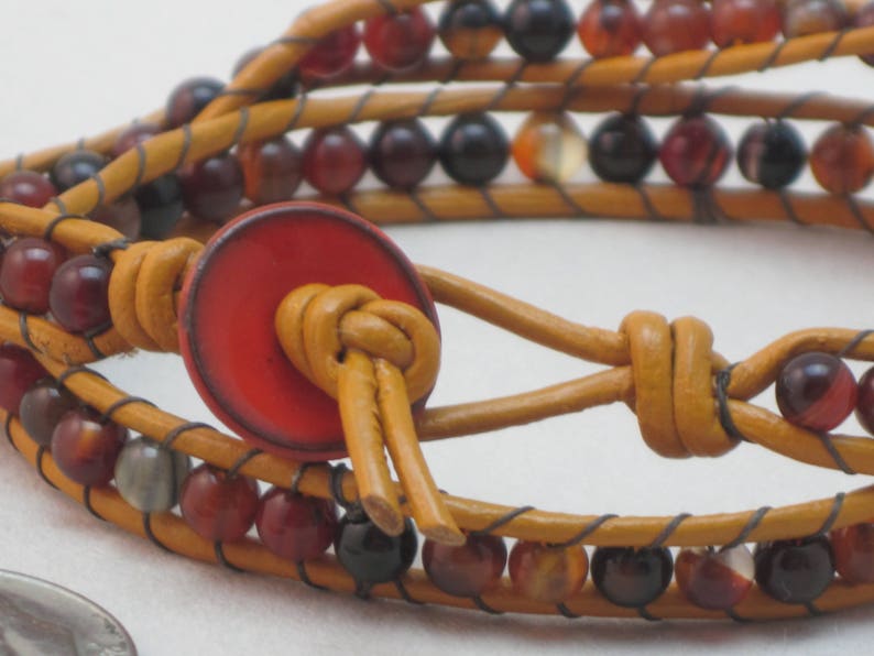 Red Agate and Marigold Greek Leather 2 Wrap Bracelet image 6